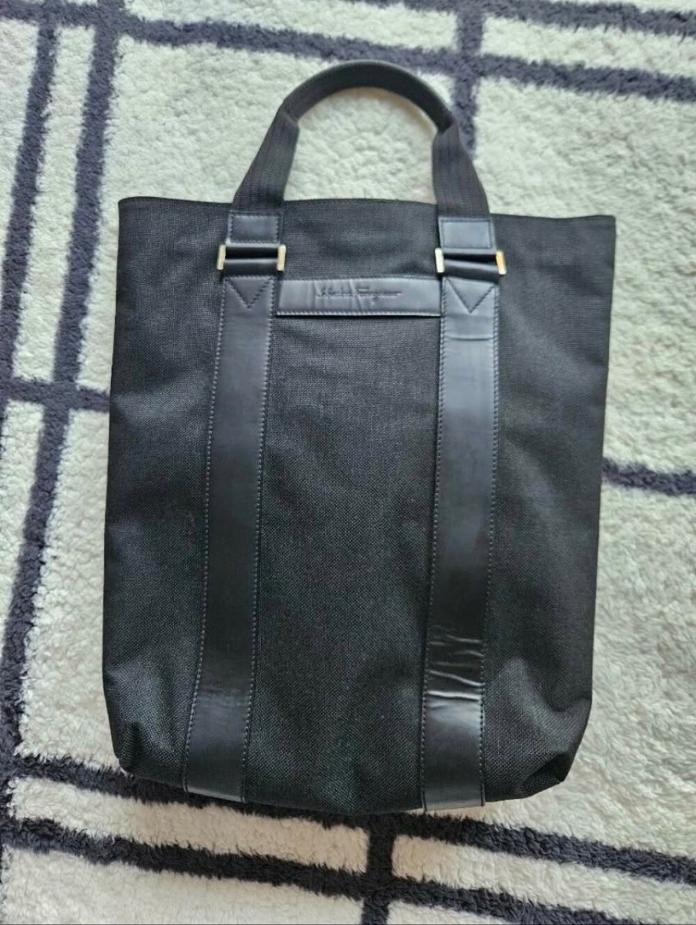 Salvatore Ferragamo Black Canvas Messenger Tote with Leather Trim